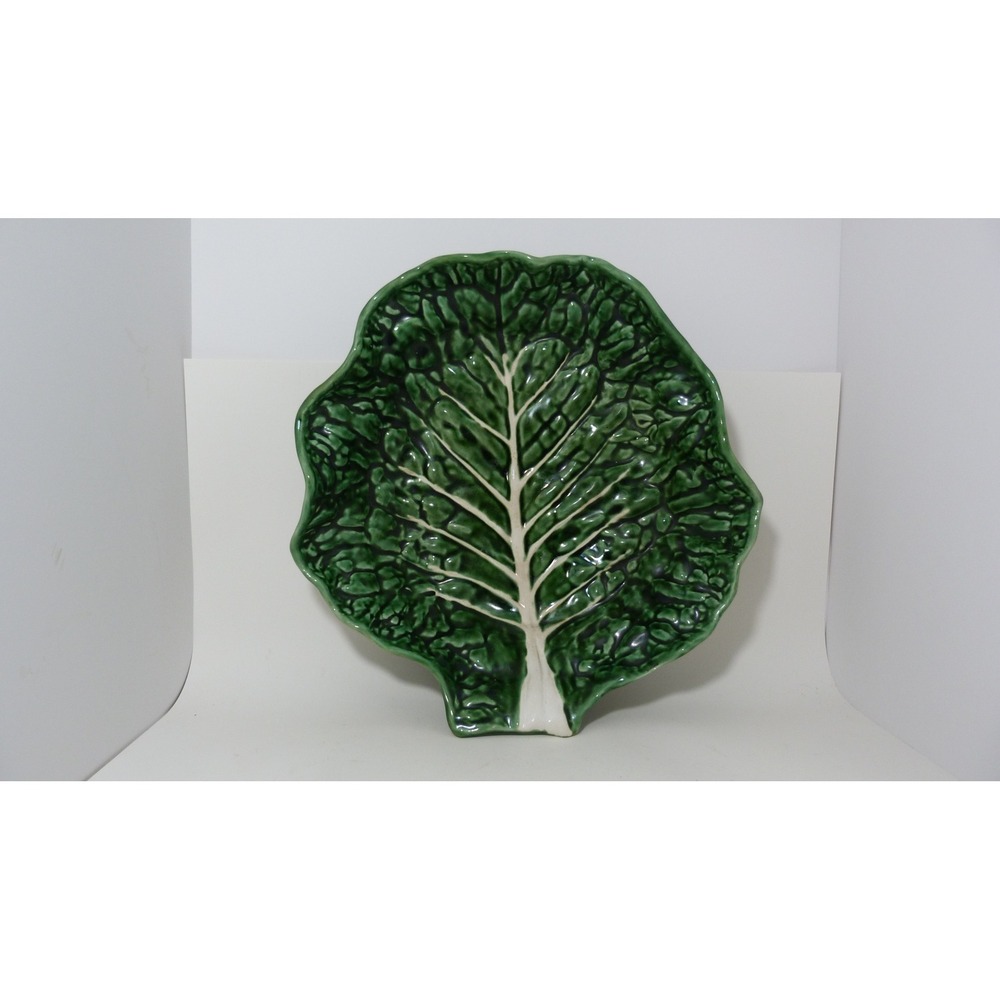 Vintage Portugal Majolica Cabbage Leaf Large Green Serving Bowl 12 Inch